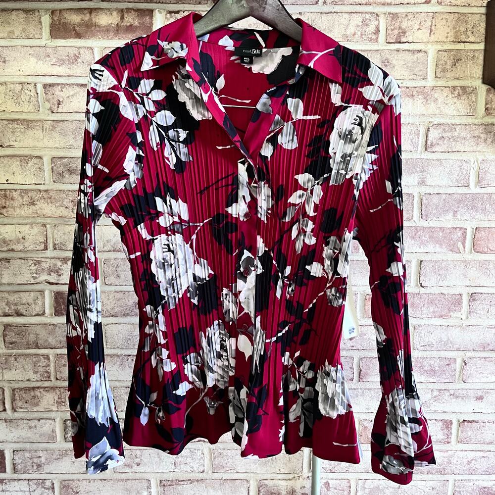 NWT: East 5th Petite XL Red Floral Pleated Button Down Shimmer Blouse Top (L449)